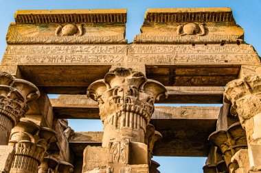 Ruins and Hieroglyphs in the famous Temple of Kom Ombo in Egypt on nile river bank