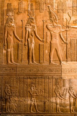 Ruins and Hieroglyphs in the famous Temple of Kom Ombo in Egypt on nile river bank