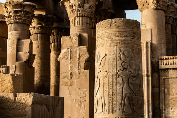 Ruins and Hieroglyphs in the famous Temple of Kom Ombo in Egypt on nile river bank — Stok fotoğraf