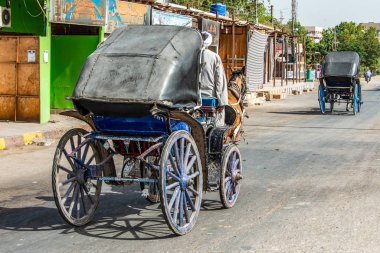 Edfu, Mısır 19.05.2018. Limandaki turistler için yerel at arabası ve Horus Tapınağı turu.