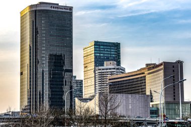 Pekin, Çin 24.022019: Merkezi iş bölgesi Cbd City ufuk çizgisi. Bejing 'in finansal merkezindeki modern gökdelenler