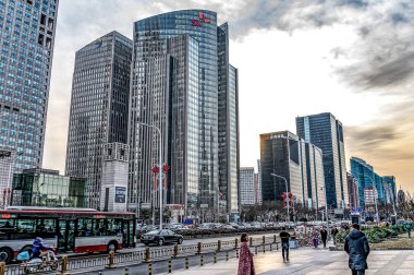 Pekin, Çin 24.022019: Merkezi iş bölgesi Cbd City ufuk çizgisi. Bejing 'in finansal merkezindeki modern gökdelenler