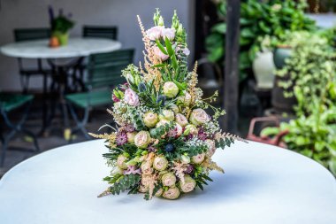 Wedding bouquet of flowers for wedding bride closeup. colorful flowers