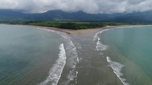 Aerial view National Park Punta Uvita Beautiful beach tropical forest pacific coast Costa Rica shape whale tail — Stock Video