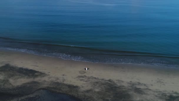 熱帯のビーチでウェディングドレスのカップルの空中ショットコスタリカのプレヤアリーナ砂に心を引き込まれた — ストック動画