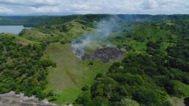 Zdjęcie lotnicze małego pożaru na tropikalnym wybrzeżu przez Playa Arenillas na Półwyspie Kostaryki Guanacaste Wybrzeża Papagayo — Wideo stockowe