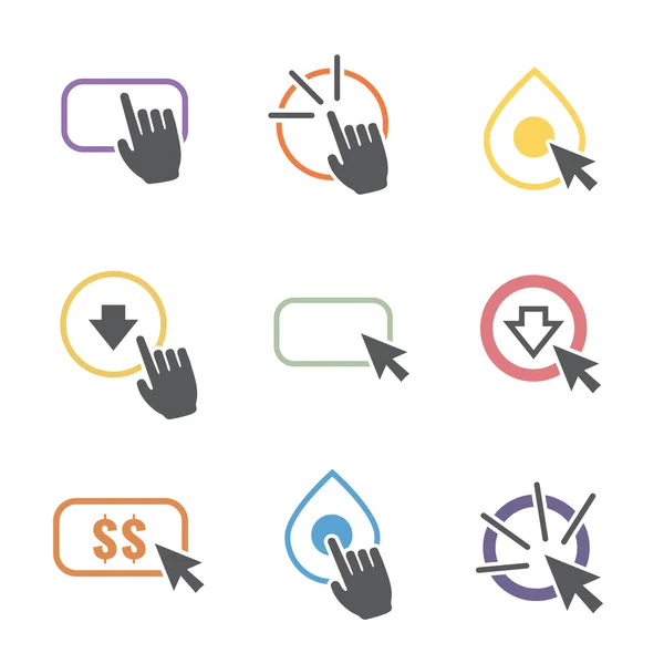 Call to Action Icon Graphics with Buttons, Clicking Hand and Pointers — Stock Vector