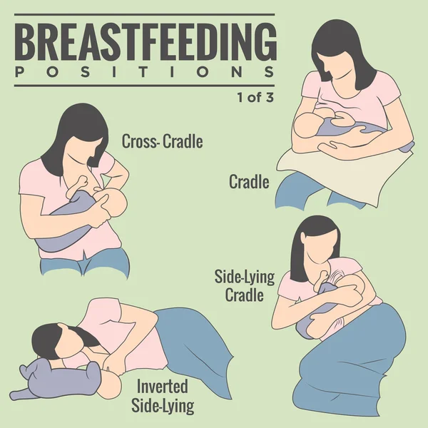 1/3 的女人母乳喂养，培育，或护理她甜蜜的新生婴儿在不同舒适的医疗职务，包括摇篮、 跨摇篮，侧躺摇篮和倒立的侧躺图标 — 图库矢量图片