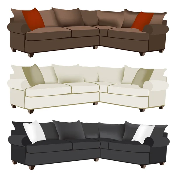 Modern or Contemporary Red, White, Black, or Cream Microfiber or Leather Sectional Sofa Tastefully Decorated with Contrasting Pillows - Stok Vektor