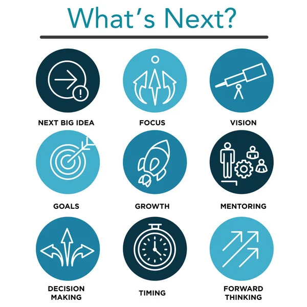 Was ist das nächste Icon Set mit großer Idee, Mentoring, Entscheidungsfindung, — Stockvektor