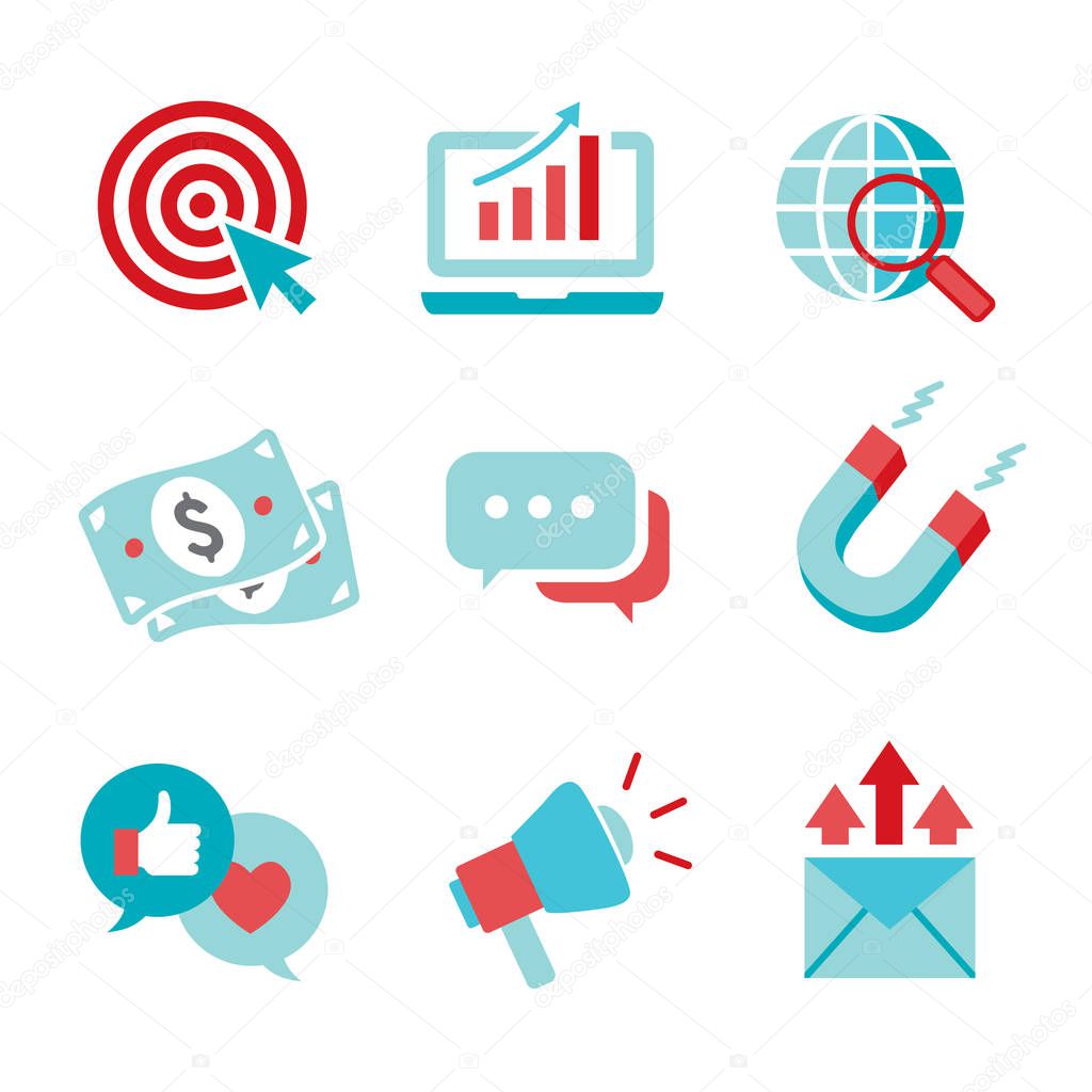 Inbound Marketing Vector Icons with CTA, Growth, SEO, etc