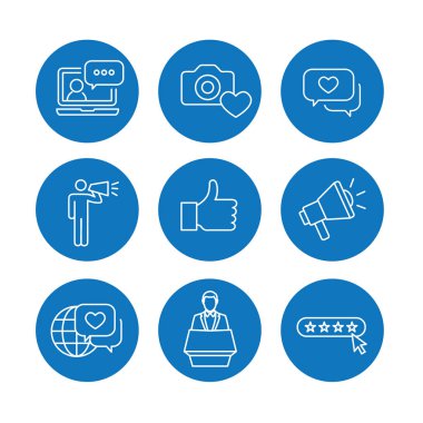 Marka elçisi ince çizgi anahat Icon Set megafon, yayılması ile