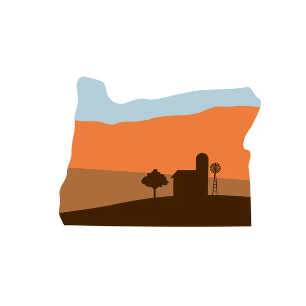 Oregon State σχήμα με αγρόκτημα στο ηλιοβασίλεμα w Ανεμόμυλος, σιταποθήκη και ένα T — Διανυσματικό Αρχείο