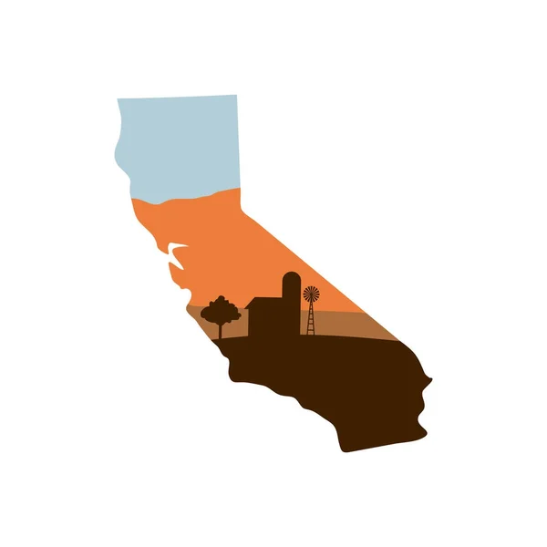 California State Shape con granja al atardecer w molino de viento, granero, y — Archivo Imágenes Vectoriales