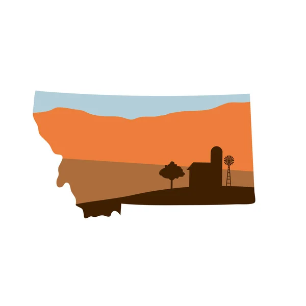 蒙大拿州的状态形状与农场在日落 w 风车, 谷仓, 和 — 图库矢量图片