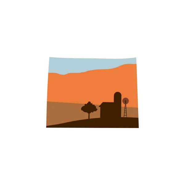 Státu Wyoming tvar s farmou v západu slunce w větrný mlýn, stodola a — Stockový vektor