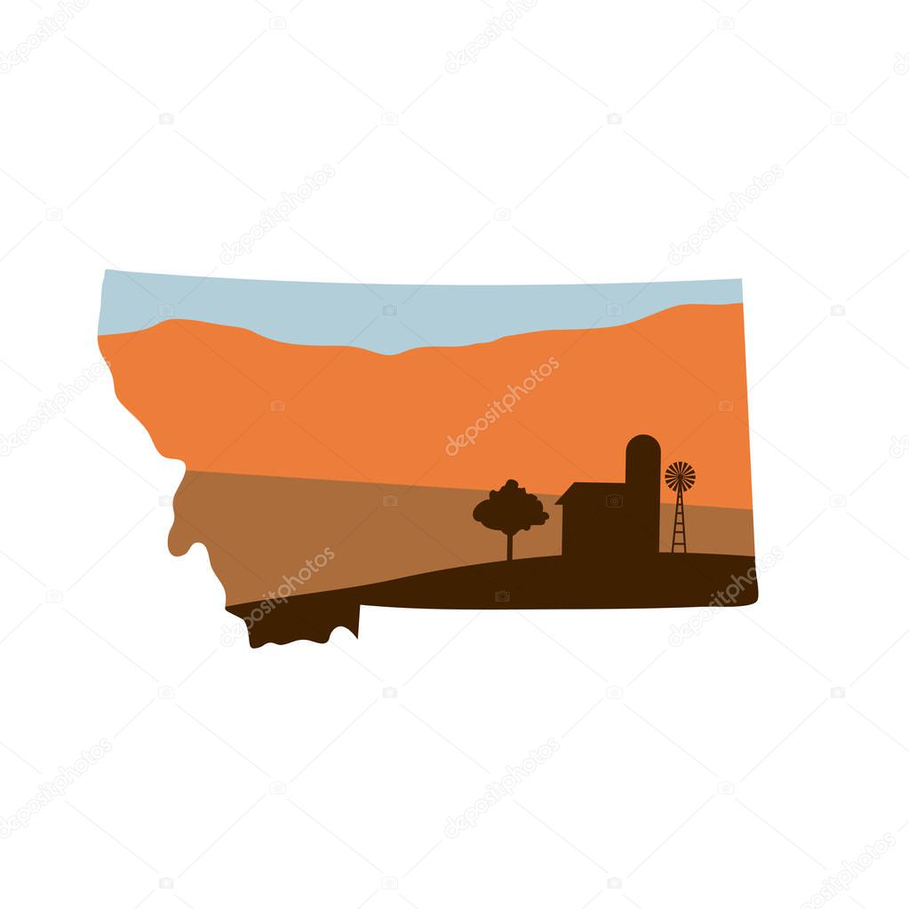 Montana State Shape w Farm at Sunset with Windmill, Barn, and a Tree