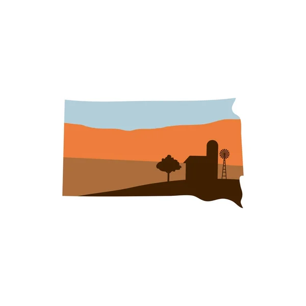South Dakota State Shape with Farm at Sunset w Windmill, Barn, a — Stock Vector