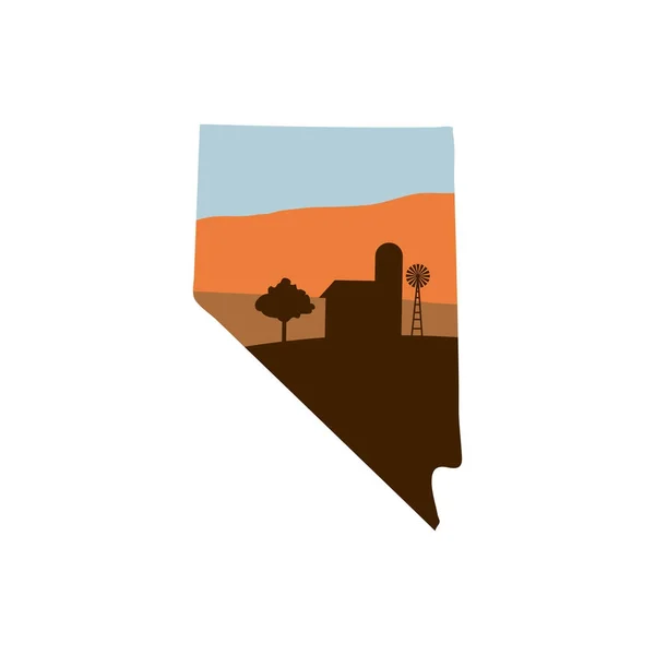 Nevada Zustand Form mit Bauernhof bei Sonnenuntergang w Windmühle, Scheune und ein t — Stockvektor