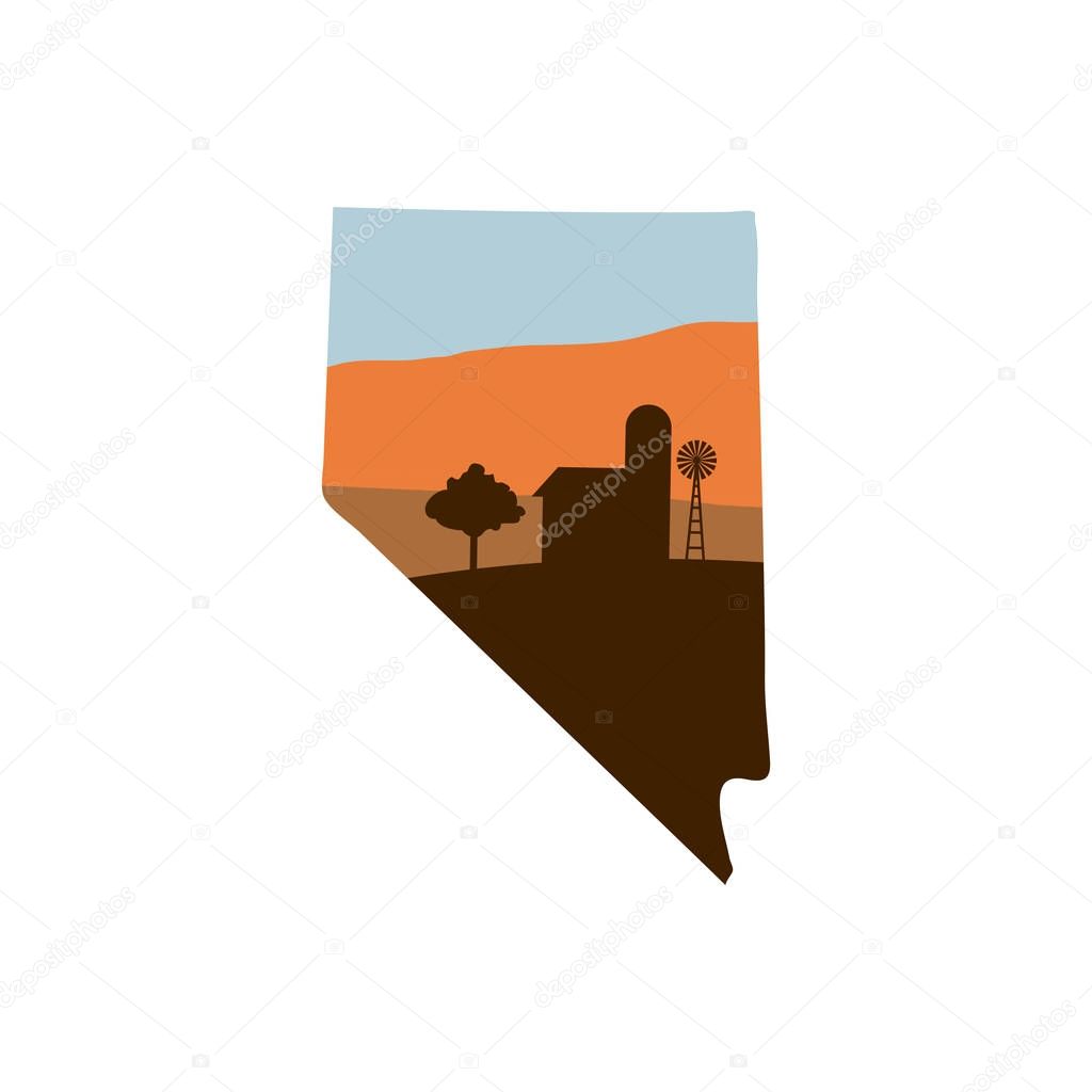 Nevada State Shape w Farm at Sunset with Windmill, Barn, and a Tree