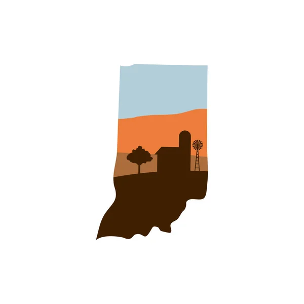 Indiana State Shape con granja al atardecer w molino de viento, granero, y un — Archivo Imágenes Vectoriales