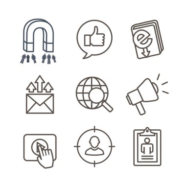 Gelen pazarlama Icon set w mıknatıs, sosyal, e-posta ve promotio