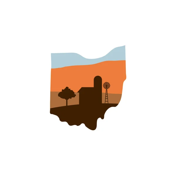 Ohio State Shape con granja al atardecer w molino de viento, granero, y un Tre — Archivo Imágenes Vectoriales