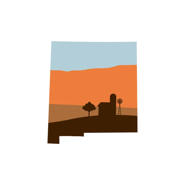 Forma do Estado do Novo México com Fazenda em Sunset w Moinho de vento, Celeiro e — Vetor de Stock