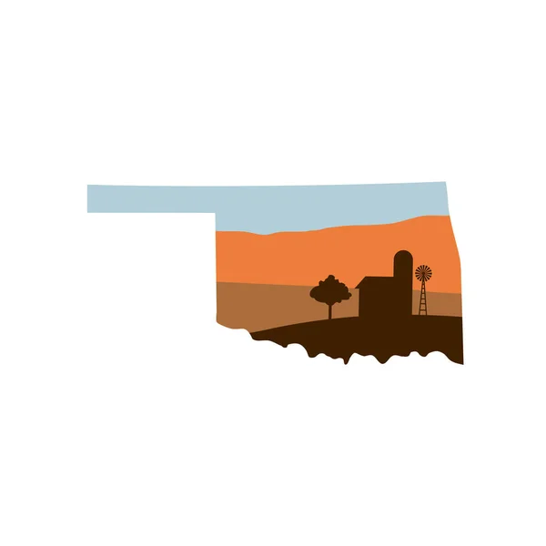 Οκλαχόμα κράτος σχήμα με το αγρόκτημα στο ηλιοβασίλεμα w Ανεμόμυλος, αχυρώνα, και ένα — Διανυσματικό Αρχείο