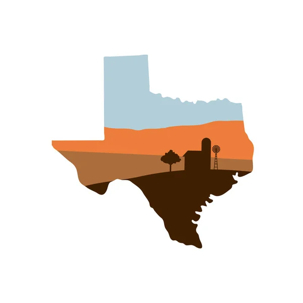 Πολιτείας τού Texas σχήμα με αγρόκτημα στο ηλιοβασίλεμα w Ανεμόμυλος, σιταποθήκη και ένα Tr — Διανυσματικό Αρχείο
