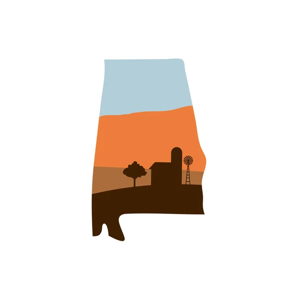Σχήμα της πολιτείας της Αλαμπάμα με αγρόκτημα στο ηλιοβασίλεμα w Ανεμόμυλος, αχυρώνα, και ένα — Διανυσματικό Αρχείο