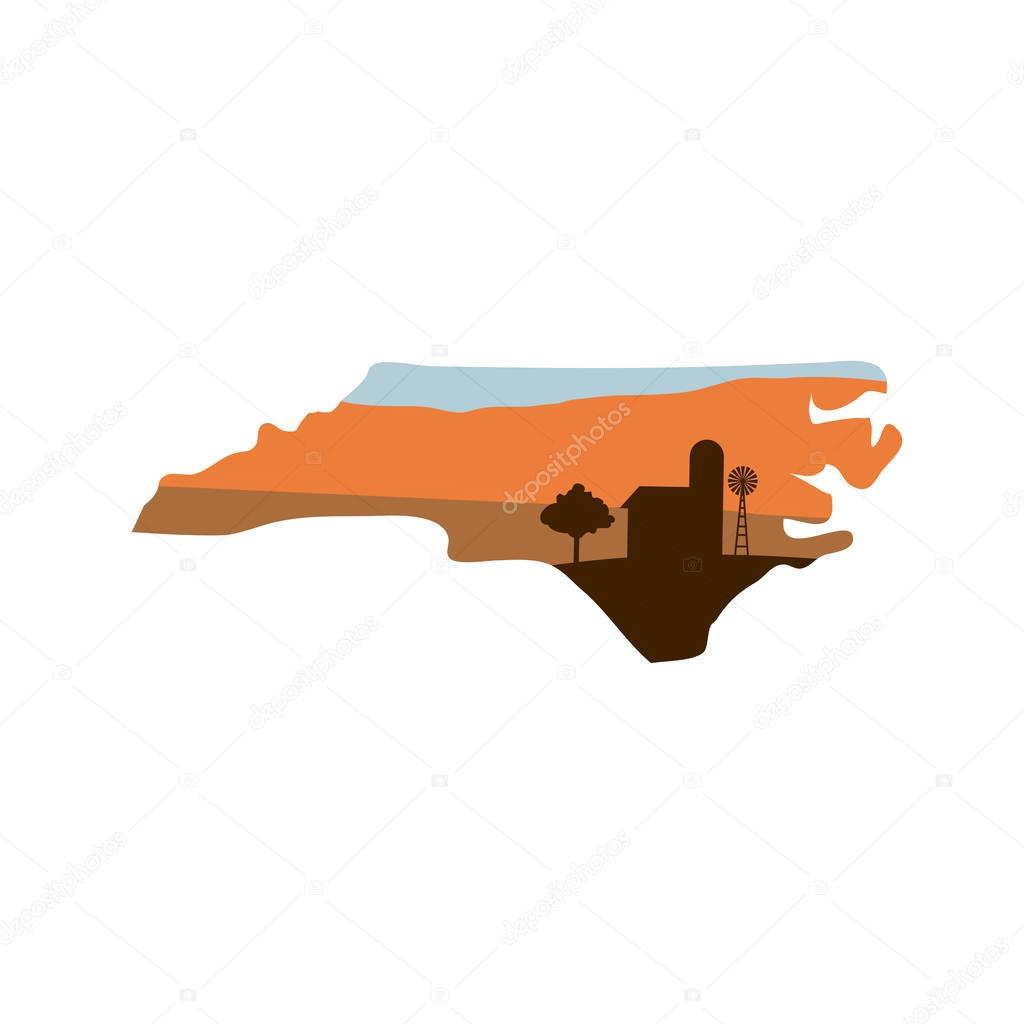 North Carolina State Shape w Farm at Sunset with Windmill, Barn, and a Tree