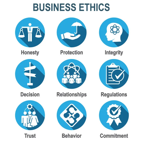 Business Ethics Solid Icon Set con onestà, integrità, impegno — Vettoriale Stock