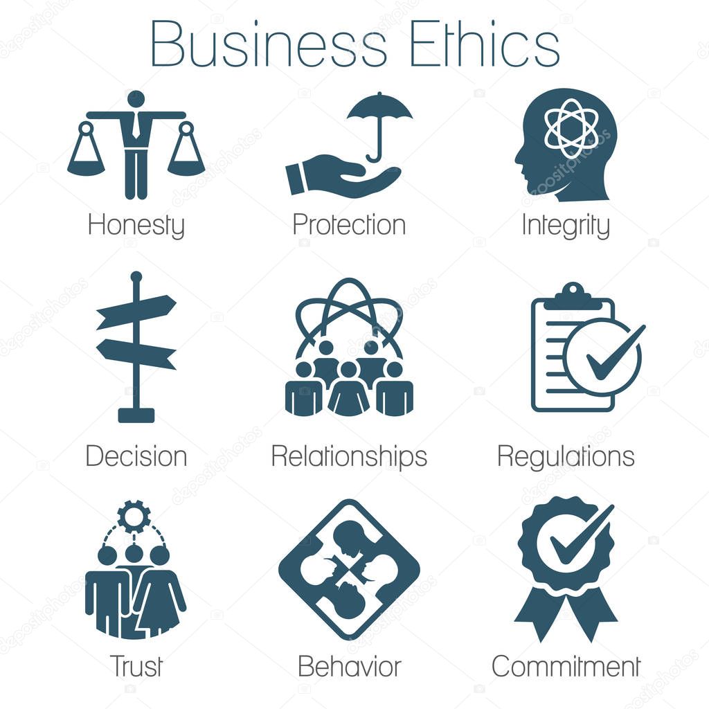 Business Ethics Solid Icon Set with Honesty, Integrity, Commitme