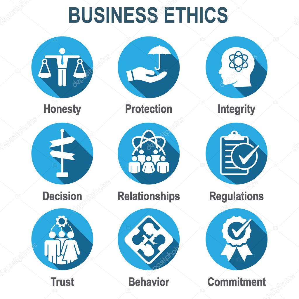 Business Ethics Solid Icon Set with Honesty, Integrity, Commitme