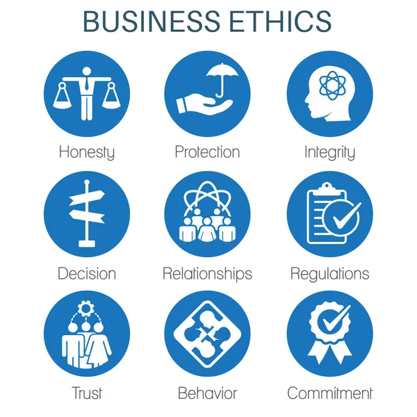 Business Ethics Solid Icon Set con onestà, integrità, impegno — Vettoriale Stock