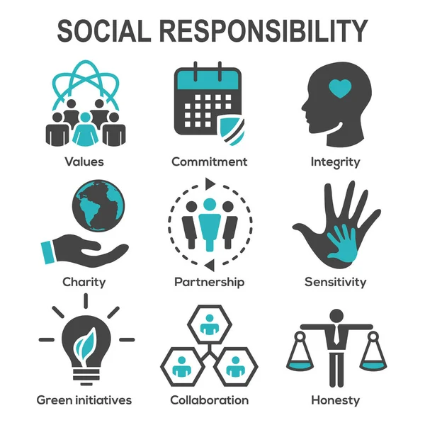 Responsabilità sociale Solid Icon Set w Onestà, integrità e col — Vettoriale Stock