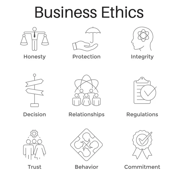 Conjunto de iconos de ética empresarial w Honestidad, Integridad, Compromisos — Vector de stock