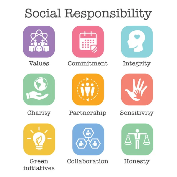 Responsabilità sociale Solid Icon Set w Onestà, integrità e col — Vettoriale Stock