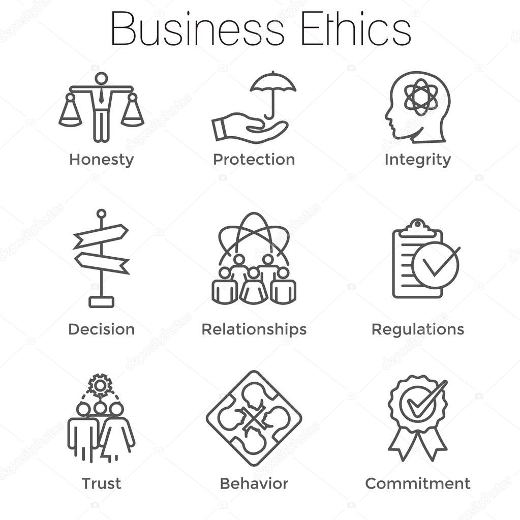 Business Ethics Outline Icon Set w Honesty, Integrity, Commitmen