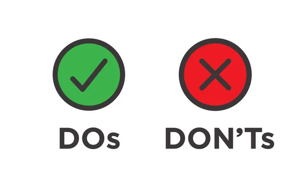 Hacer y no hacer o Iconos buenos y malos con positivo y negativo Sy — Archivo Imágenes Vectoriales