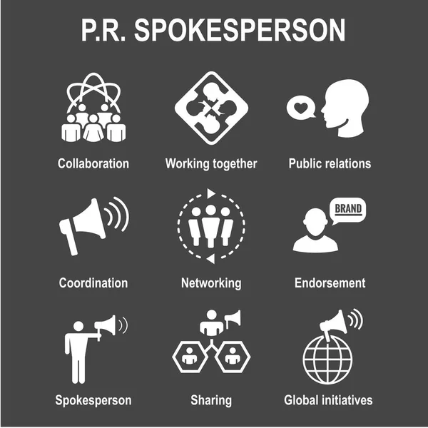 Spokesperson icon set - bullhorn, coordination, pr, and public r — Stock Vector