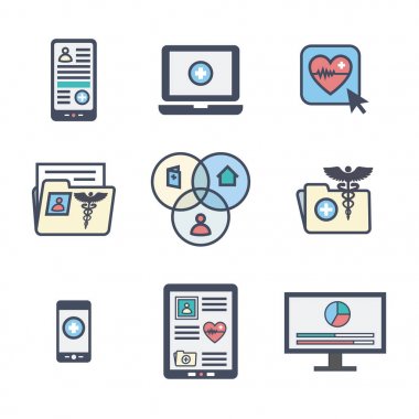 Teletıp ve sağlık kayıtları Icon Set w Caduceus, dosya klasörler, bilgisayar, vb
