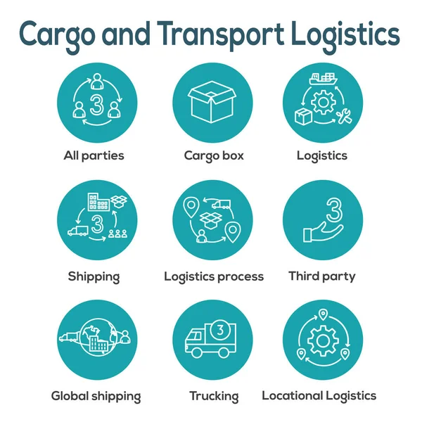 Icona logistica impostata con edifici, autotrasporti, persone e spedizione b — Vettoriale Stock