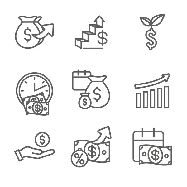 具有美元符号等的银行、投资和增长图标集 — 图库矢量图片