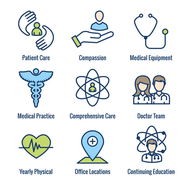 Ikon Perawatan Dokter mengatur perawatan medis, pasien, dan layanan kesehatan, dll - Stok Vektor
