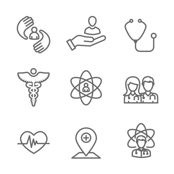 Conjunto de iconos de cuidado médico w médico, paciente y atención médica, etc. — Archivo Imágenes Vectoriales