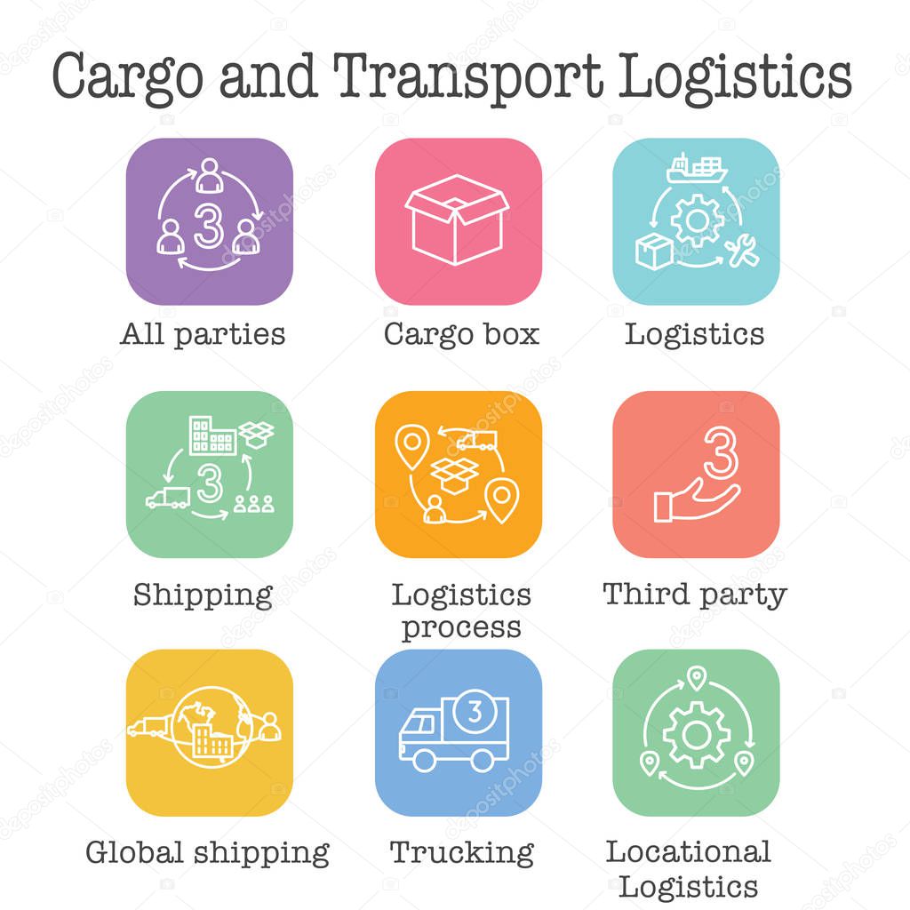 Logistics icon set with buildings, trucking, people & shipping b
