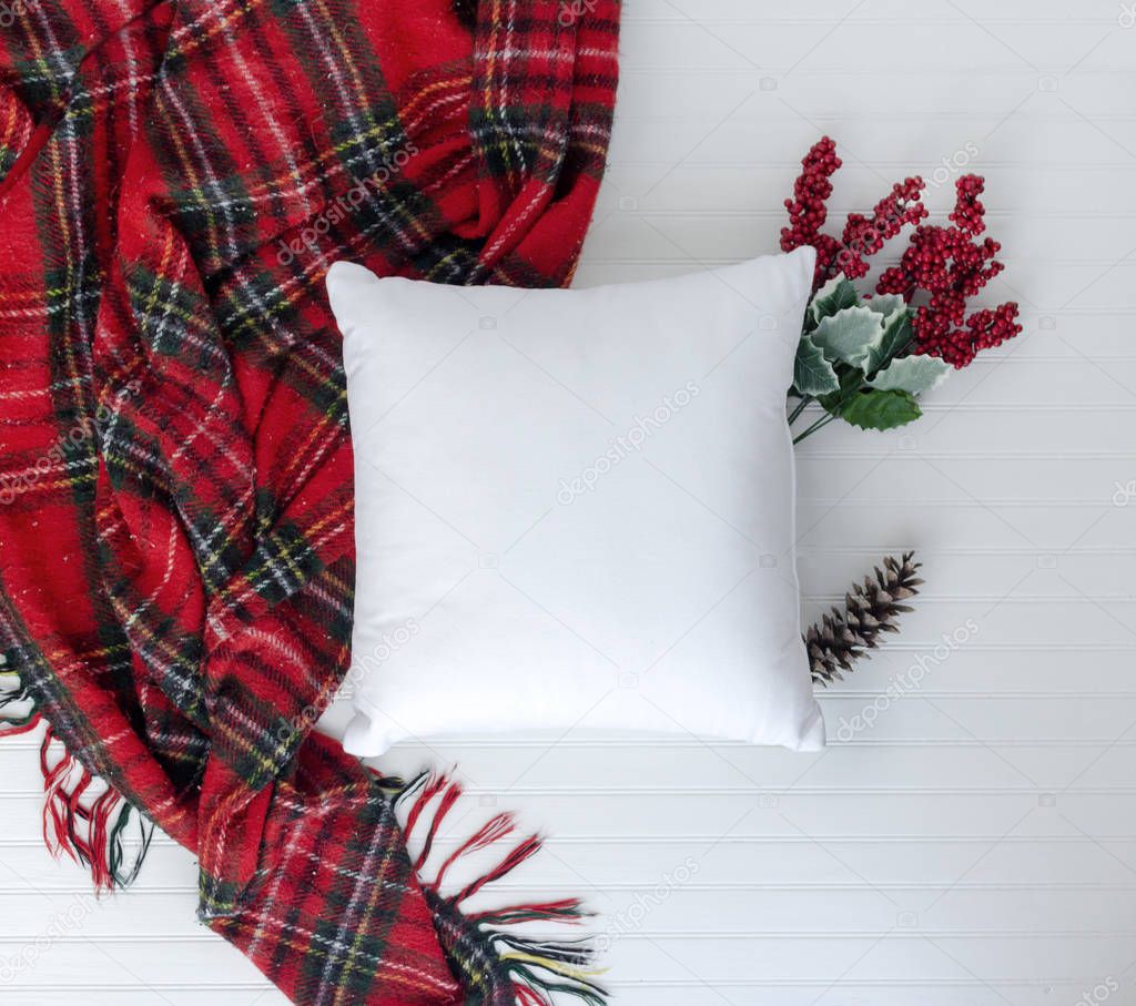 Pillow birds eye view and styled with Christmas items w white ba