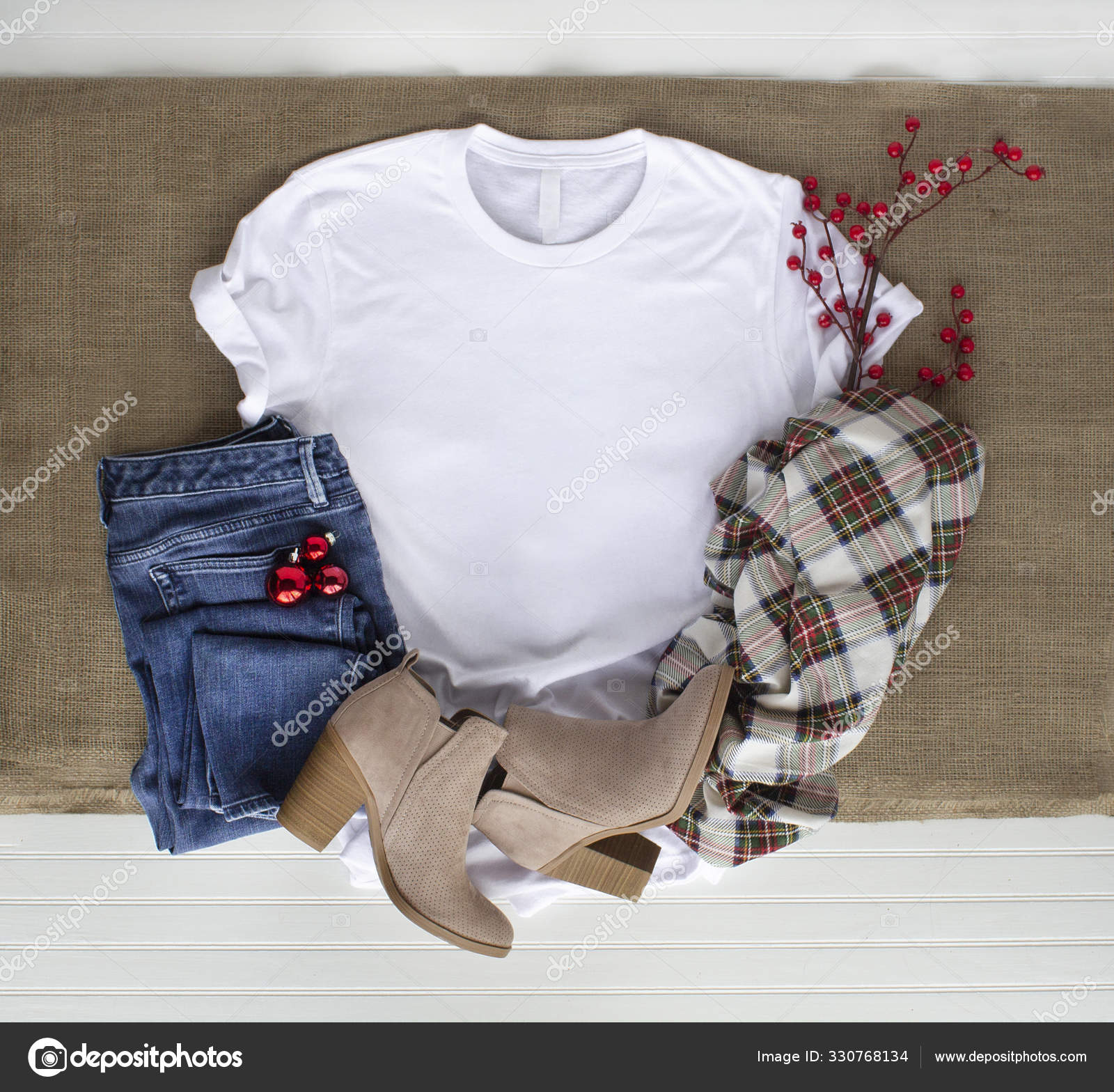 Download White Tshirt Mockup Shirt Boots Plaid Scarf And Jeans Christm Stock Photo Image By C Bearsky23 Yahoo Com 330768134